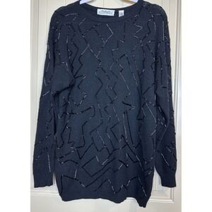 Linda Allard Ellen Tracy black lambs‎ Wool rabbit hair beaded tunic sweater sz S